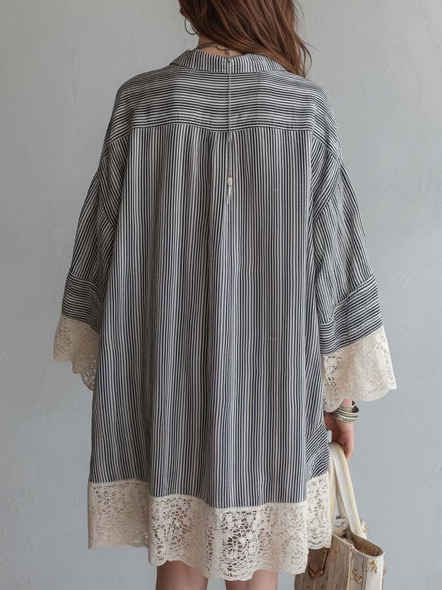 Bohemian Casual Striped Button Shirt Dress With Lace Trim