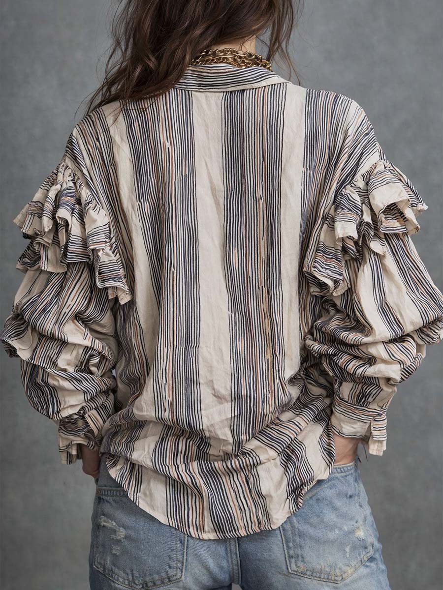 Retro Bohemian Cotton Ruffled Striped Shirt