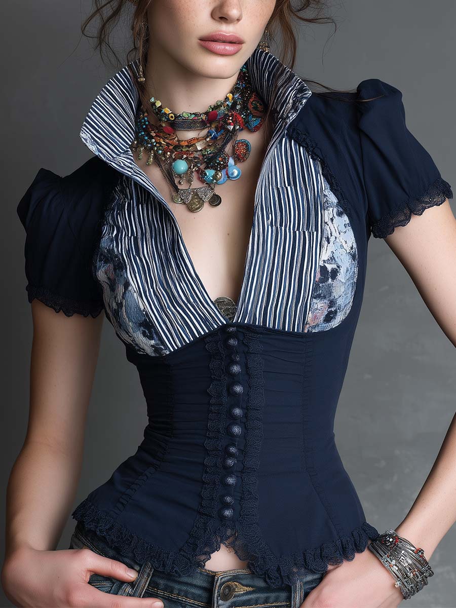 Vintage Bohemian Navy Corset Blouse