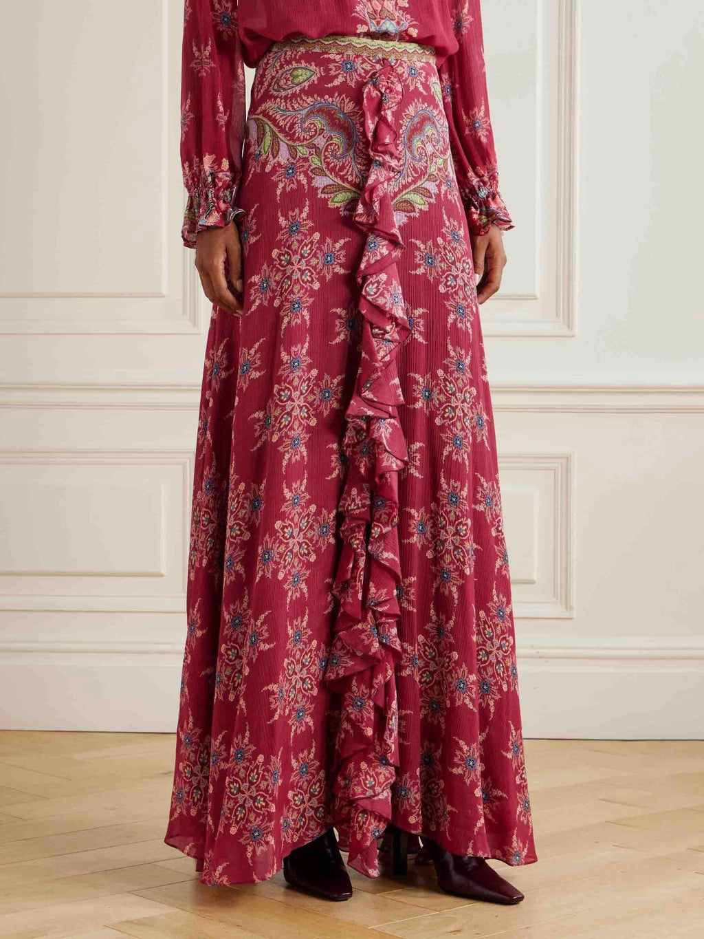 Exquisite Bohemian Ruffled Printed Chiffon Shirt