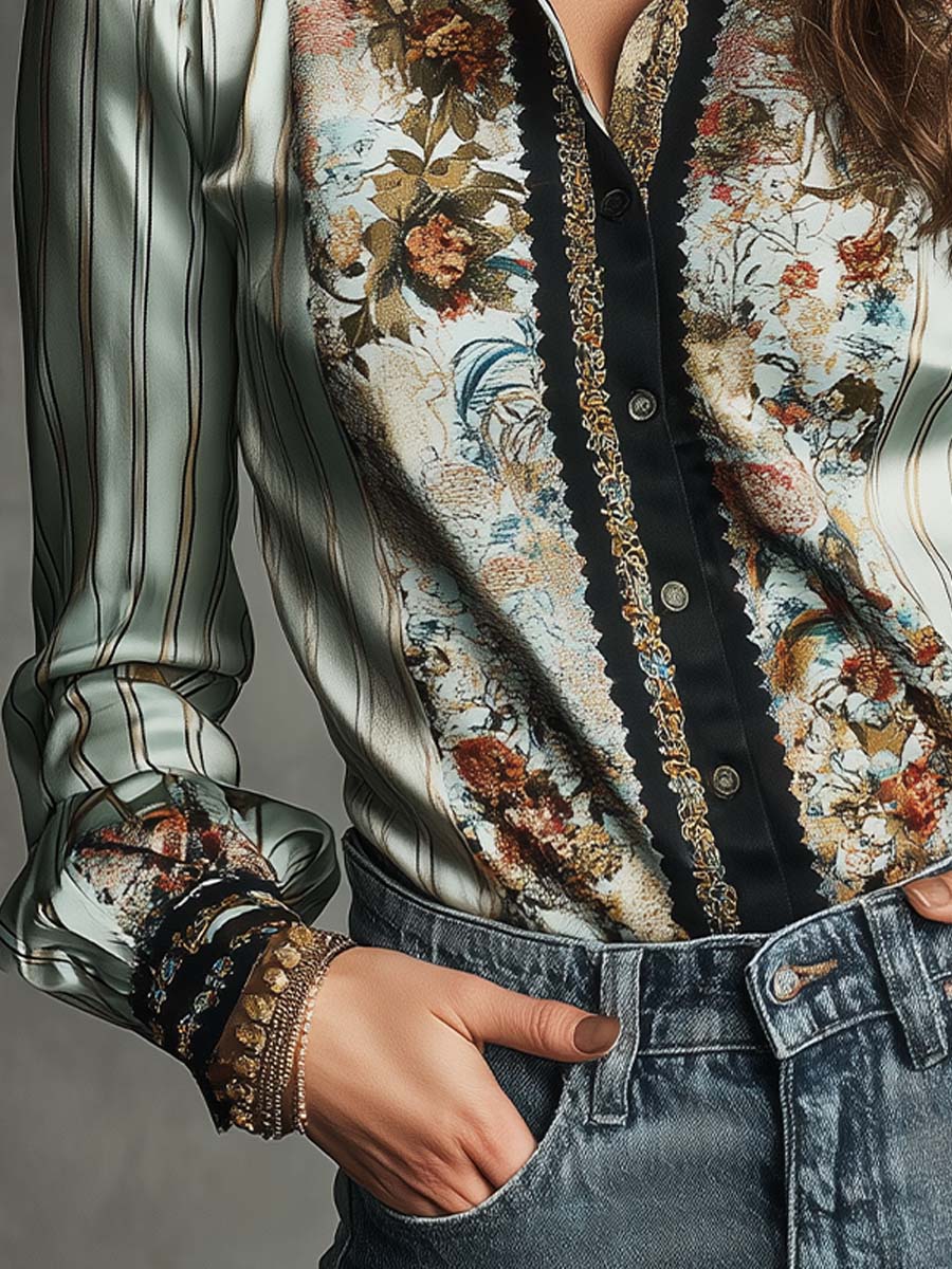 Bohemian Vintage Floral Stripe Satin Shirt