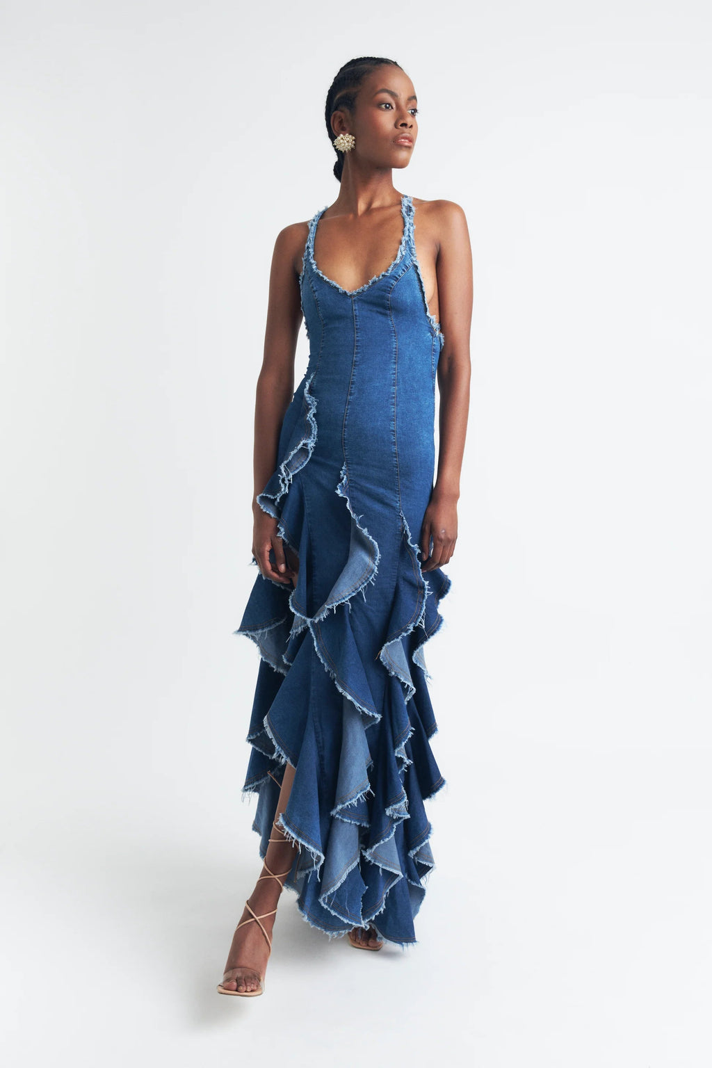 Bohemian Style Ruffled Denim Maxi Dress