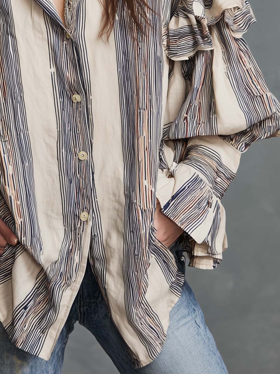 Retro Bohemian Cotton Ruffled Striped Shirt