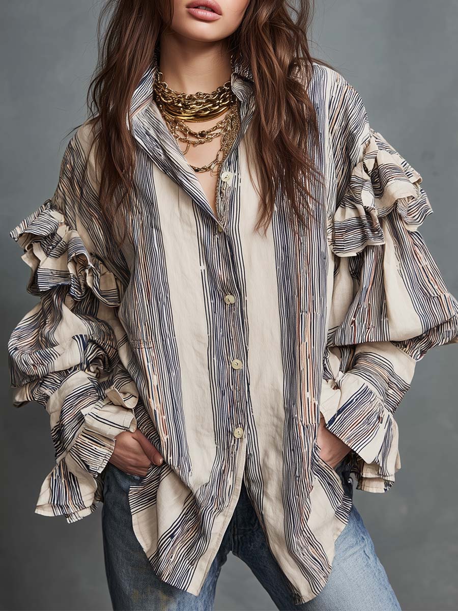 Retro Bohemian Cotton Ruffled Striped Shirt