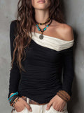 Bohemian Minimal Asymmetric Off-Shoulder Layered Long Sleeve Top