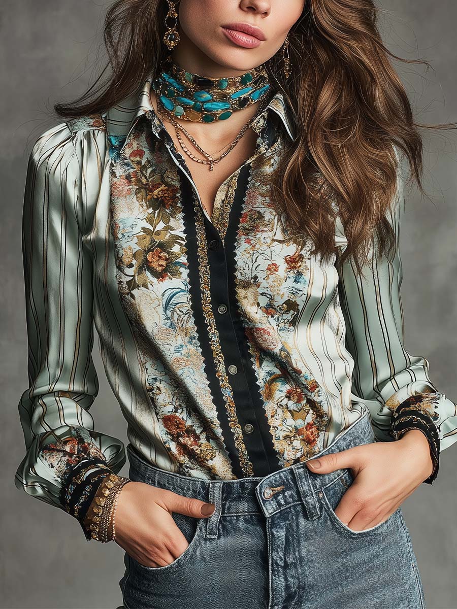 Bohemian Vintage Floral Stripe Satin Shirt
