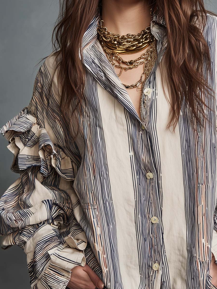 Retro Bohemian Cotton Ruffled Striped Shirt