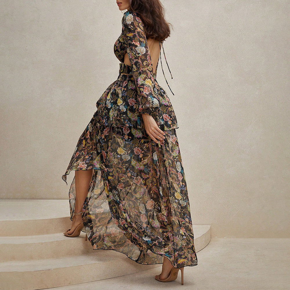 Elegant Bohemian Printed V neck Dress Vacation Casual Dress