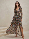 Elegant Bohemian Printed V neck Dress Vacation Casual Dress