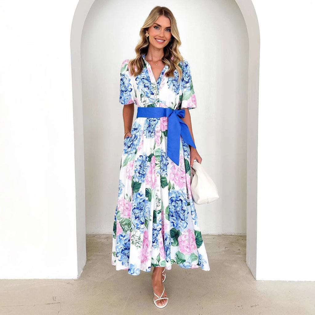 Printing Bohemian Dress Short Sleeves Belt a Word Dress Ladies