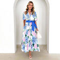 Printing Bohemian Dress Short Sleeves Belt a Word Dress Ladies