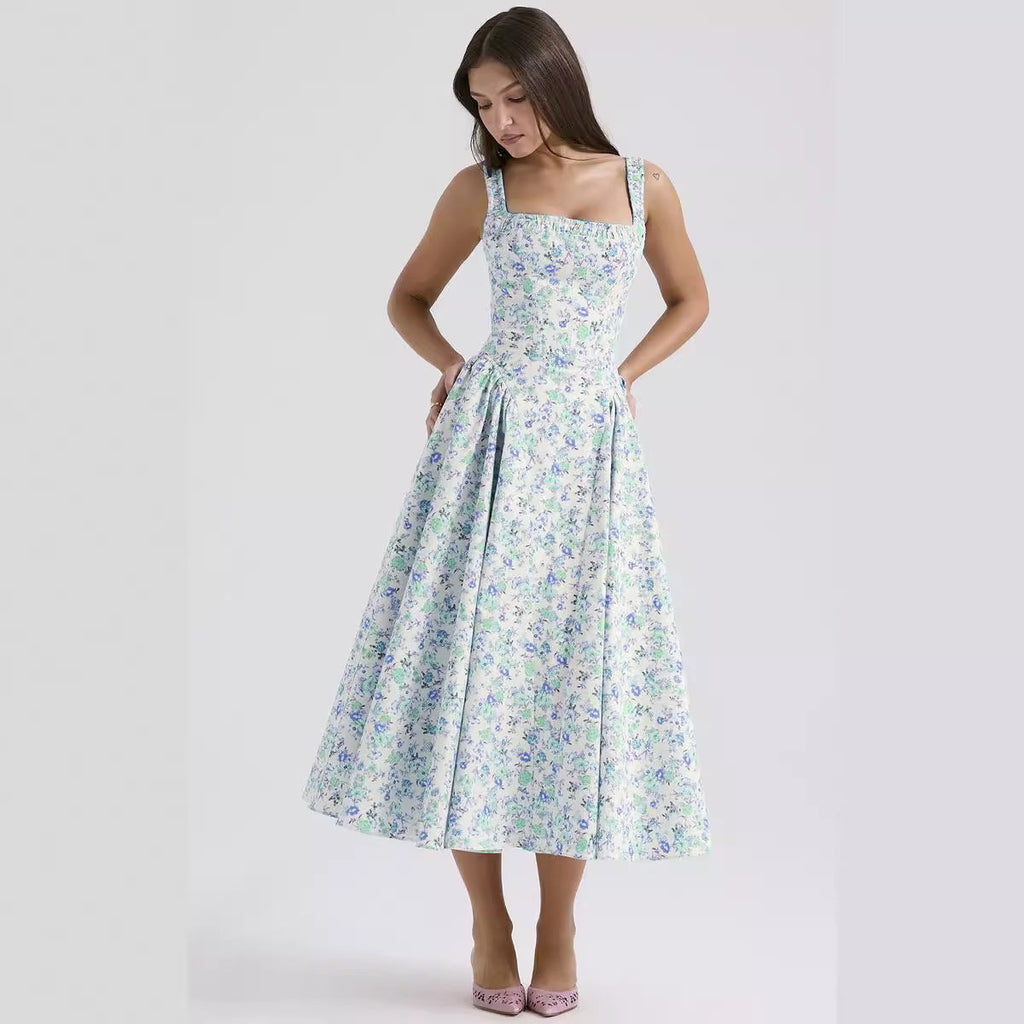 Floral Bohemian Waist Tight Slim Backless Vacation Sling Mid Length Dress