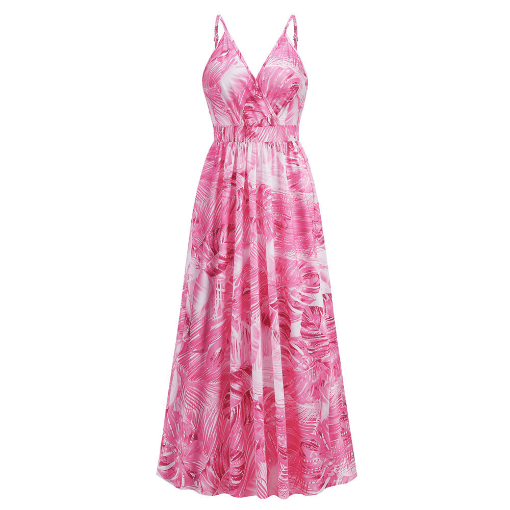 Bohemian Printed Maxi Dress V neck Strap Dress