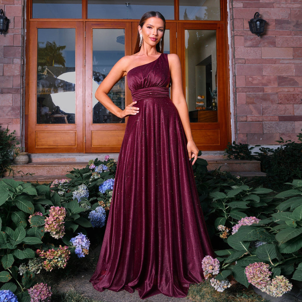 One Shoulder Sleeveless Elegant Diagonal Collar Waist Tight Beach Vacation Long Bohemian Large Swing Dress