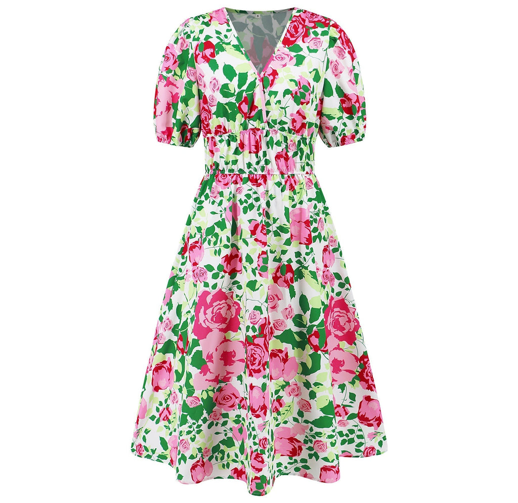 V Neck Bohemian Printed Dress A Line Dress